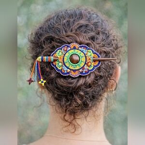 🌿Handmade Beaded Hair Barrette Boho Mandala Wood Hair Pin Colorful Artisan Bun